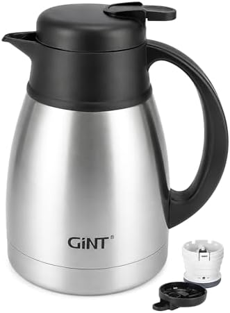 GiNT Insulated Coffee Carafe 34 Oz, Small Stainless Steel Flask for Hot Coffee with Fully Washable Detachable Lid, Portable Thermal Pitcher One-Hand Push Button Tea Dispenser for Travel Camping Office by WelcometoGiNT