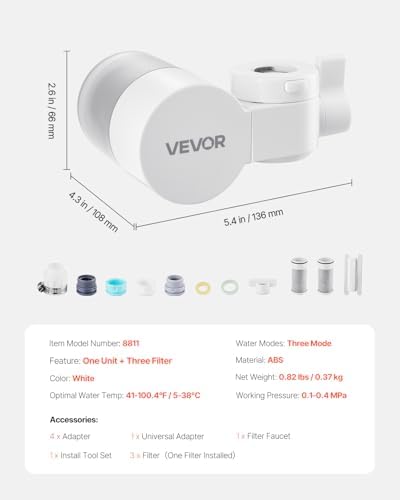 VEVOR Faucet Mount Water Filter, Horizontal Water Purifier for Sink Tap, NSF Certified Carbon Fiber Filter, Removes Chlorine Lead with 3 Filters, Fits Most Kitchen or Bathroom Faucets, White - Image 7