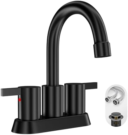 Phiestina 4 Inch 2 Handle Centerset Matte Black Lead-Free Modern Bathroom Faucet, 360 Swivel Spout 2-3 Hole RV Bathroom Vanity Sink Faucet with Pop Up Drain and Water Supply Lines,BF015-1-MB by Phiestina