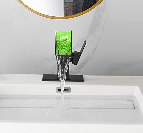 Bathroom Sink Led Faucet Waterfall Spout Black RGB 3 Colors Changing Temperature Lavatory Vanity Sink Faucet One Hole Handle Modern Washbasin Tap with Lights Deck Mount Commercial - Image 6