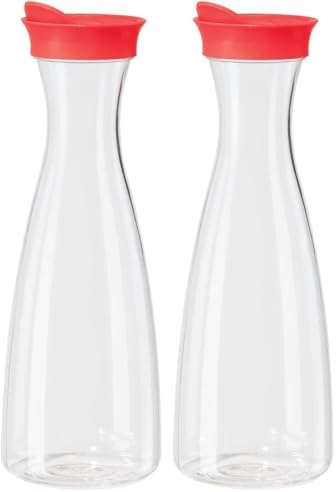 OGGI Clear Carafe w/Flip Open Lid - Ideal Juice Bottle, Clear Pitcher, Tea Pitcher, Water Carafe, 1.6 Lt(54Oz), Red Lid (Pack of 2) by Unknown