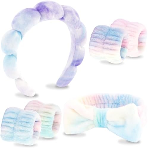 VELSCRUN Spa Headband, Makeup Face Wash Skincare Headbands, 6 Pcs Light Colorful Sponge Bow Tie Get Ready HairBand Facial Wristband Set, Stuff for Teen Girls Women Trendy Fashion Hair Accessories by VELSCRUN
