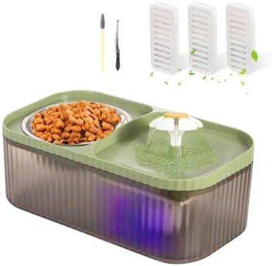 Marchul Cat Water Fountain and Stainless Steel Food Bowl, 100oz/3L Super Quiet Automatic Pet Water Dispenser with Smart Pump and 3 Replacement Filters for Cats and Small Dogs, Green by Marchul