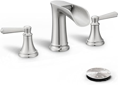 8 Inch Brushed Nickel Bathroom Faucet Widespread, Brass Waterfall Faucet for Bathroom Sink 3 Hole 2 Handle with Pop up Drain & Pre-Installed cUPC Supply Pipe for Restroom, 10 Mins Install by HEYMYTAP
