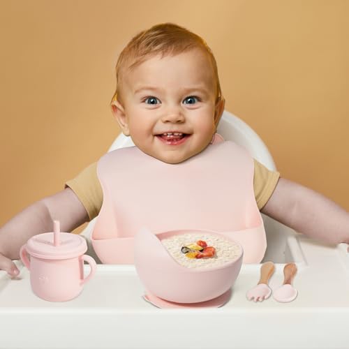 100% Silicone Baby Feeding Set,BPA Free Baby Dishes Set with Suction Bowl Divided Plate,Toddler Self Feeding Dish Set with Spoons Forks Sippy Cup and Bib, Baby Eating Utensils (Pink) - Image 6