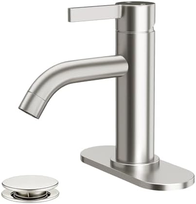 Fransiton Brushed Nickel Bathroom Faucet Single Hole with Pop-Up Bathroom Drain and Flexible Hoses Single Handle Bathroom Sink Faucet w/Deck Plate(1 or 3 Hole) for Vanity Sinks, RV, Farmhouse by Fransiton
