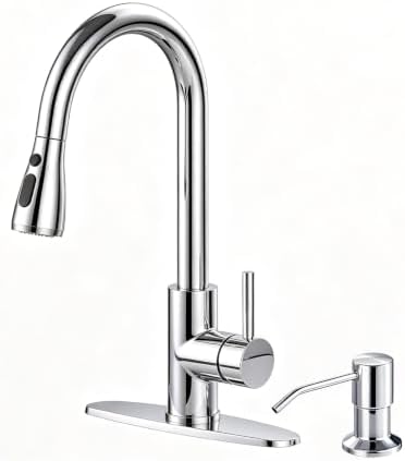 Kitchen Faucet with Pull Down Sprayer and Soap Dispenser, Chrome 304 Stainless Steel Single Handle with 3 Spray Modes, 18-Inch Hose, 10-Inch Deck Plate by OWOFAN