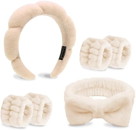 Beige Skincare Bubble headband and wristband set for Face Washing by TIOSRU