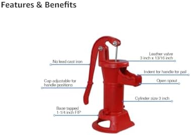 Merrill PUMP125 Hand Water Pump, No-Lead Cast Iron Pitcher Pump – 1-1/4" Pipe Connection, Shallow Well/Rain Barrel/Garden Use, Max Lift 25–30 ft - Image 2
