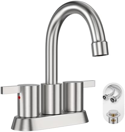 Phiestina Brushed Nickel 4 Inch 2 Handle Centerset Lead-Free Bathroom Sink Faucet, with Copper Pop Up Drain and Water Supply Lines,BF015-1-BN by Phiestina