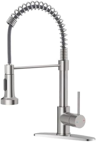Pull Down Kitchen Faucet with Spring Sprayer, Brushed Nickel — SUS304 Lead-Free Stainless Steel, Single Handle, Fits 1 or 3-Hole Sink with Deck Plate for Farmhouse, RV, Bar, Laundry Room by OWOFAN