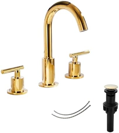 2-Handle Bathroom Faucet 3 Holes 360 Swivel Spout Gold Widespread Bathroom Sink Faucet with Pop Up Drain by GGStudy
