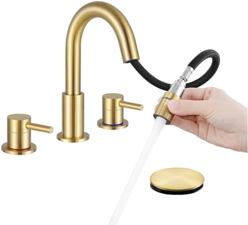 Brushed Gold Bathroom Sink Faucet 3 Hole with Pull Down Sprayer by IUERASD