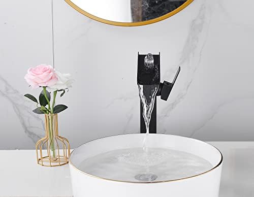 Waterfall Vessel Sink Faucet Bathroom Black Single Hole One Handle Brass Bowl Sink Faucets with Supply Line Deck Mounted Tall Lavatory Vanity Basin Tap Pedestal Commercial - Image 3