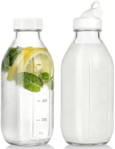 CUCUMI 2 Pack 32 Oz Glass Milk Bottle with Reusable Lid by CUCUMI