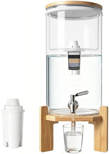 water filter dispenser Countertop water purifier System 3.1 Gallon Glass water filter with Wooden Stand and 1 Filters for Home and Office by BORVSOT