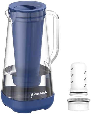 GLACIER FRESH 7 Cup Purela Glass Water Pitcher with 1 Ultrafiltration Membrane and Activated Carbon Filter, Reduces 99% Chlorine, PFOA&PFOS, Coliforms, BPA Free Materials, Blue by GLACIERFRESH