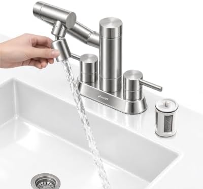 Frizzlife MF1080-D 4 Inch Centerset Bathroom Sink Faucet and Kitchen Sink Faucet with Carbon Block Water Filter, NSF/ANSI 372 Certified, 1080° Rotatable, 2-Handle, Stream/Spray, 304 Stainless Steel by FRIZZLIFE