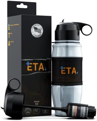 ETA Alkaline Water Filter Bottle for Travel, Camping, Hiking, Backpacking, Emergency, Survival | Removes up to 99.99% of Harmful contaminants, 9.5pH, Protects the Nutrient & Mineral Value, Made in USA by ETALIVING