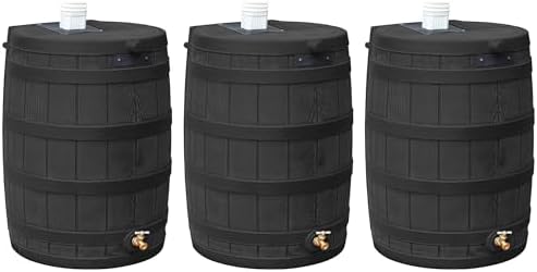 Good Ideas Rain Wizard 50 Gallon Plastic Outdoor Home Rain Barrel Water Storage Collector with Brass Spigot and Flat Back Design, Black (3 Pack) by GoodIdeas