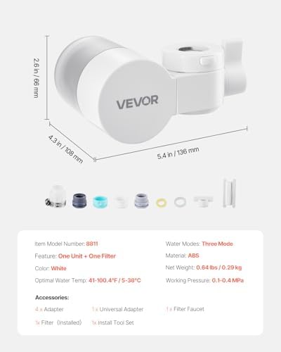 VEVOR Faucet Mount Water Filter, Horizontal Water Purifier for Sink Tap, Carbon Fiber Filters, Removes Chlorine Lead with 1 Filter, Fits Most Kitchen or Bathroom Faucets, White - Image 7