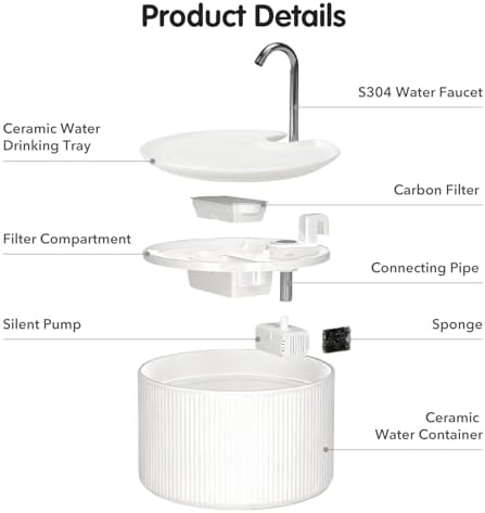 Upgrade 2.2L/78oz Ceramic Cat Fountain, Automatic Ceramic Water Fountain for Cats, Pet Water Fountain with Ultra-Quiet Pump (White) - Image 2