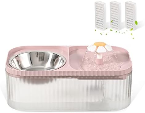 Cat Water Fountain and Food Bowl, 3L/101oz Ultra Quiet Pet Water Dispenser with Smart Pump and 3 Replacement Filters, Automatic Flower Fountain & Stainless Steel Bowl for Dog & Cat (Pink) by Petiscompanionbyyourside