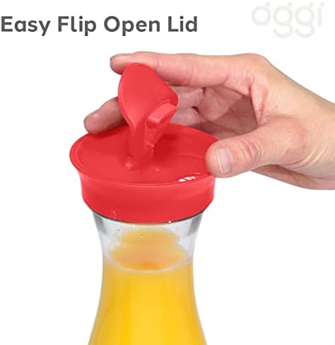 OGGI Clear Carafe w/Flip Open Lid - Ideal Juice Bottle, Clear Pitcher, Tea Pitcher, Water Carafe, 1.6 Lt(54Oz), Red Lid (Pack of 2) - Image 3