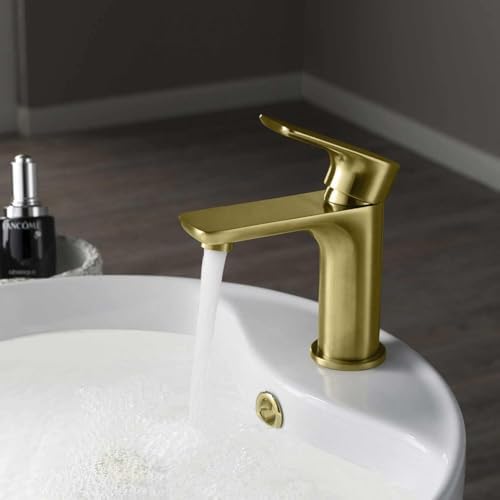 KIBI Tender Brushed Gold Bathroom Sink Faucet with Pop-Up Drain | Single Handle Solid Brass High Arc Spout | Smooth Water Flow and Corrosion-Resistant (Brushed Gold W/Pop Up Drain) - Image 2