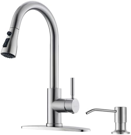 WEWE Kitchen Faucet with Soap Dispenser, Pull-Down Sprayer, Brushed Nickel by WEWE