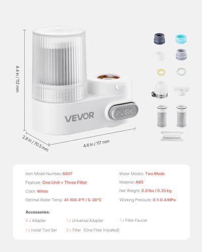 VEVOR Faucet Mount Water Filter, Vertical Water Purifier for Sink Tap, NSF Certified Carbon Fiber Filter, Removes Chlorine Lead with 3 Filters, Fits Most Kitchen or Bathroom Faucets, White - Image 7