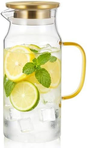 Bivvclaz 1.2 Liter 40 oz Small Gold Glass Pitcher with Lid and Handle, Glass Carafe for Hot/Cold Water, Iced Tea Jug for Coffee, Juice and Homemade Beverage by Bivvclaz