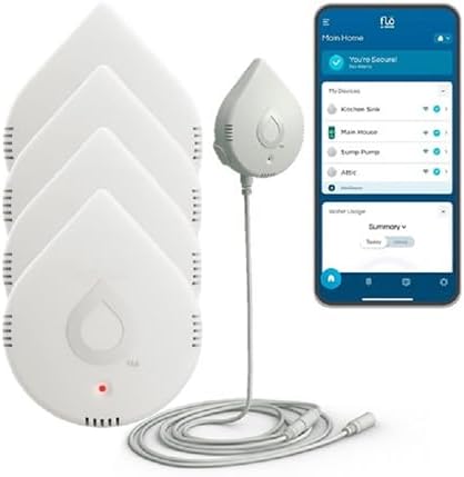 Moen Flo Smart Water Leak Detector, White, 4-Pack 920-005 + 2-Pack 6-Foot Leak Sensing Cable by Moen