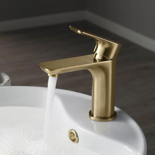 KIBI Tender Brushed Brass Bathroom Sink Faucet with Pop-Up Drain | Single Handle Solid Brass High Arc Spout | Smooth Water Flow and Corrosion-Resistant (Brushed Brass W/Pop Up Drain) - Image 2