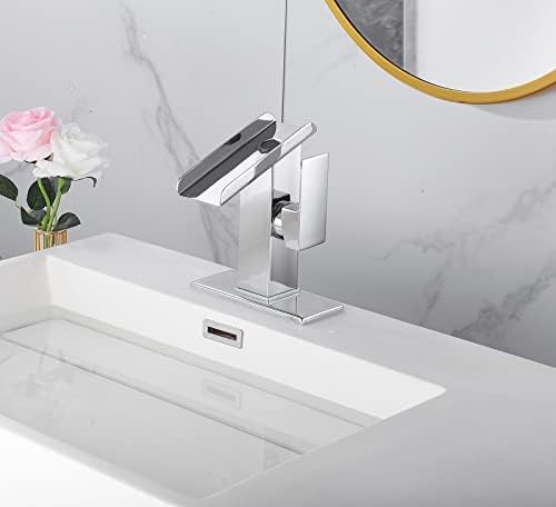 Chrome Bathroom Sink Faucet One Hole LED Waterfall Spout RGB 3 Colors Light Changing Lavatory Vanity Faucets Brass Single Handle Modern Washbasin Bath Tap Include Plates to Cover Holes Residential - Image 5