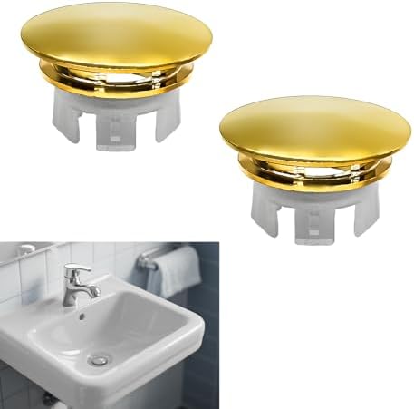 2 Pack Sink Basin Overflow Trim Ring,Solid Brass Bathroom Sink Trim Overfollow Cover,Sink Trim Overflow Cover Insert in Hole Round Caps or Kitchen Bathroom(Bright Gold) by Anglepingping