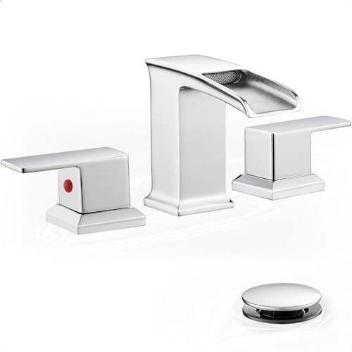 3 Hole Bathroom Faucet Waterfall, Chrome 8 Inch 2 Handles with Drain by HOIGY