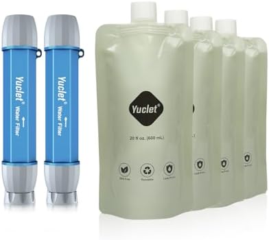 Yuclet Squeeze Water Filtration System for Hiking, Camping, Travel, and Emergency Preparedness (2 Water Filter Straw, 4 Squeezable 20-Oz Water Pouch) by YucletProducts
