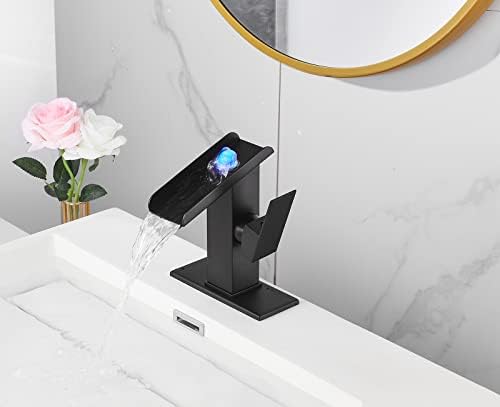 Bathroom Sink Led Faucet Waterfall Spout Black RGB 3 Colors Changing Temperature Lavatory Vanity Sink Faucet One Hole Handle Modern Washbasin Tap with Lights Deck Mount Commercial - Image 3