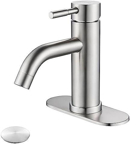 Single Hole Bathroom Sink Faucet Brushed Nicke, Modern Single Handle Bathroom Faucet Commercial Stainless Steel Basin Faucet with Drain by KOHONBY
