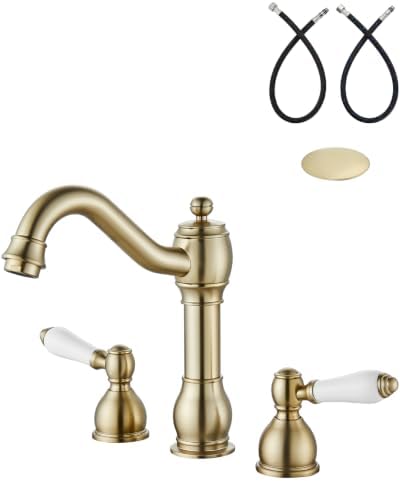 Aolemi Widespread Bathroom Sink Faucet 3 Hole White Lever Brushed Gold by Aolemi
