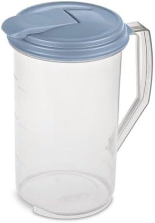 Sterilite 2 Quart Clear Round Plastic Pitcher, Dishwasher Proof with Blue Lid, Spout, and Handle for Easy Pouring, Washed Blue, 18-Pack by Sterilite
