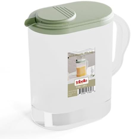Tribello 1-Gallon Slim Plastic Pitcher with Lid – Clear Water Jug with Pivot-Top Spout, Iced Tea Pitcher for Fridge, Dishwasher/Freezer Safe, BPA & Phthalate Free – Sage Green by Tribello