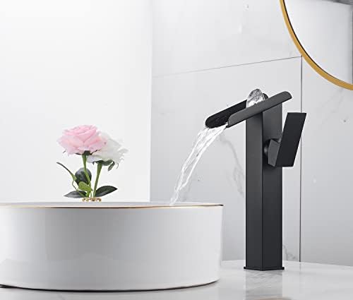 Waterfall Vessel Sink Faucet Bathroom Black Single Hole One Handle Brass Bowl Sink Faucets with Supply Line Deck Mounted Tall Lavatory Vanity Basin Tap Pedestal Commercial - Image 2