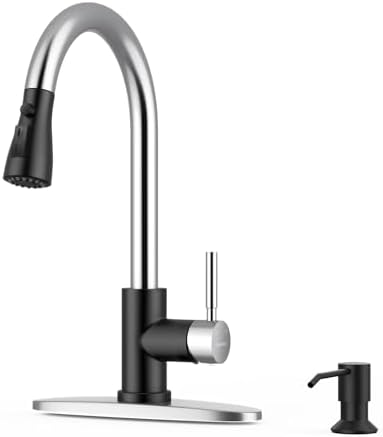 WEWE Kitchen Faucet with Soap Dispenser Set, Pull-Down, Black and Chrome by WEWE