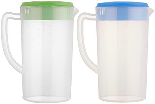 81oz/2.4Litre/0.63 Gallon Plastic Water Pitcher with Lid 2 pcs set BPA-FREE Carafes Mix Drinks Water Jug for Hot/Cold Juice Beverage Ice Tea (Blue and Green, 81oz) by SEAYIN