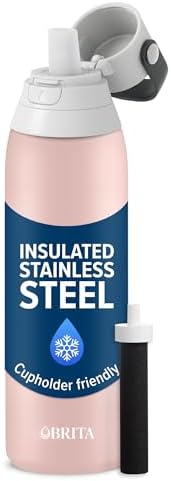 Brita Stainless Steel Premium Filtering Water Bottle, BPA-Free, Reusable, Insulated, Replaces 300 Plastic Water Bottles, Filter Lasts 2 Months or 40 Gallons, Includes 1 Filter, Rose - 20 oz by Brita
