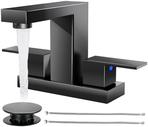 Cobbe Bathroom Faucets for Sink 3 Hole, Matte Black Bathroom Sink Faucet Square 4 Inch Centerset with Pop-Up Drain, 2 Handle and 2 Supply Hoses, Lead-Free Stainless Steel for Vanity, Rv, Farmhouse by Cobbe