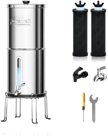 Purewell 1.5G Gravity Water Filter System, 3-Stage 0.01μm Ultra-Filtration Stainless Steel Countertop System with 2 Filters and Stand, Reduce 99% Chlorine, PW-MKS by Purewell