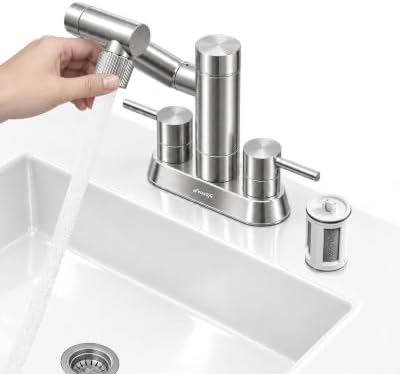 Frizzlife MF1080-D 4 Inch Centerset Bathroom Sink Faucet and Kitchen Sink Faucet with Carbon Block Water Filter, NSF/ANSI 372 Certified, 1080° Rotatable, 2-Handle, Stream/Spray, 304 Stainless Steel by FRIZZLIFE